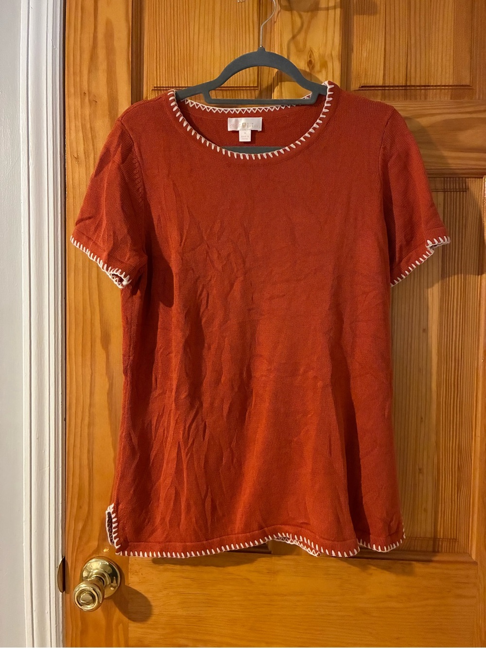 Belle by Kim Gravel Rust Short-Sleeve Knit Top with White Trim